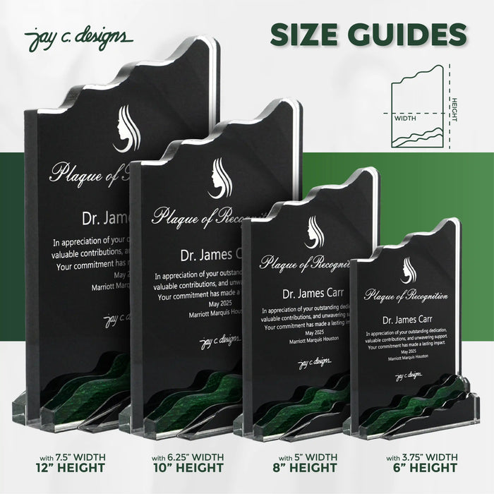 Size guide comparison of four acrylic plaque awards, showing various width and height measurements.