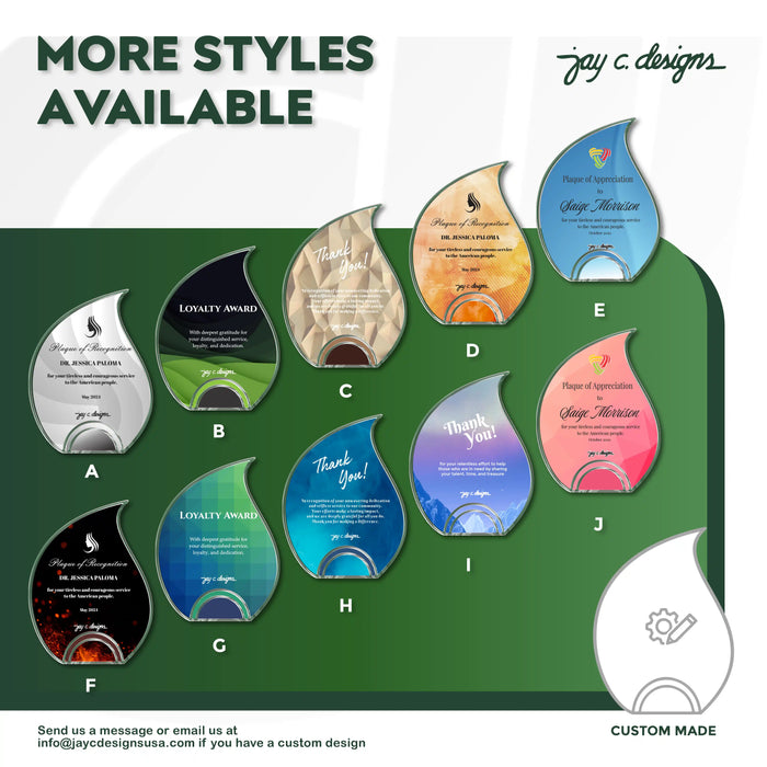 Collection of teardrop-shaped acrylic plaques in various colors and styles for thank you, loyalty, and appreciation awards.