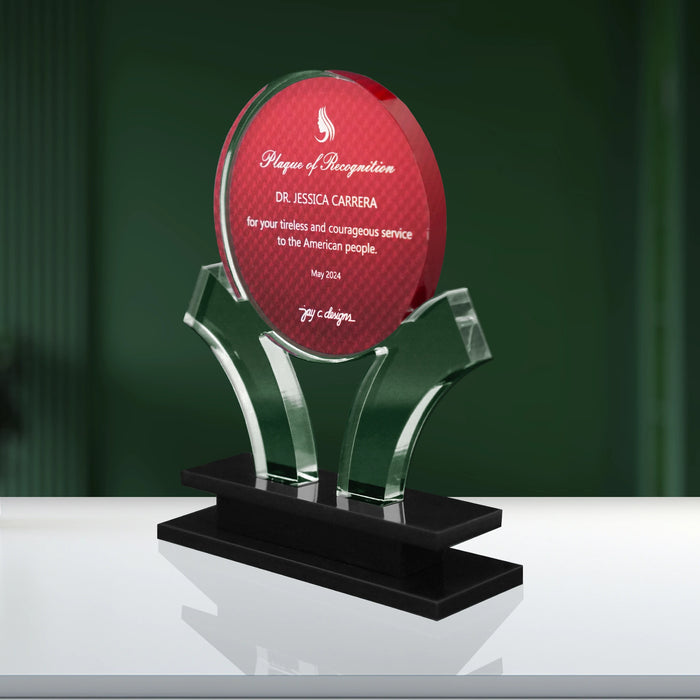 Angled view of acrylic sports trophy award with dual clear acrylic support and black base, perfect for recognizing athletic excellence or team achievements.