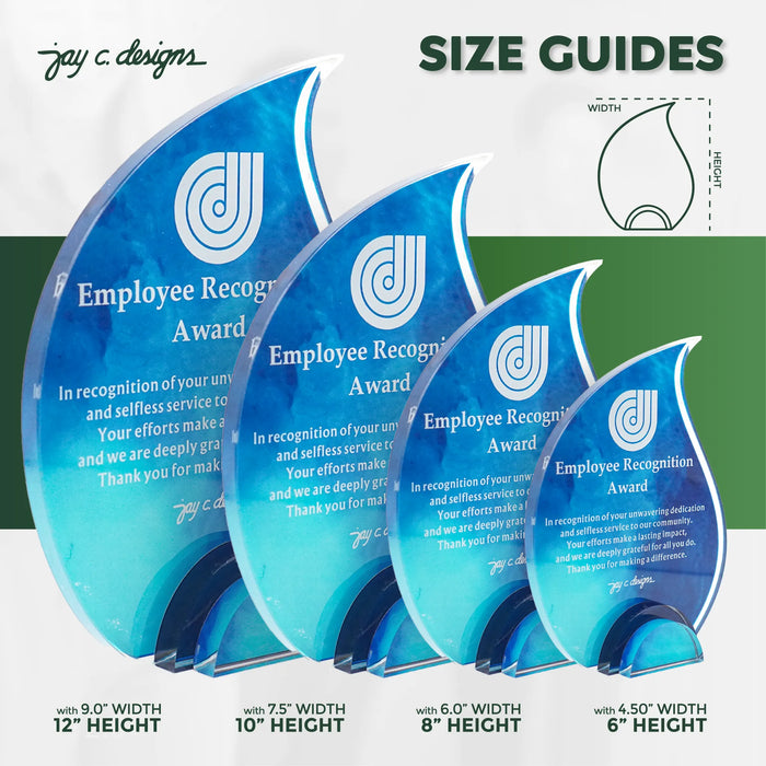 Size comparison of acrylic teardrop-shaped plaques showing various heights and widths.