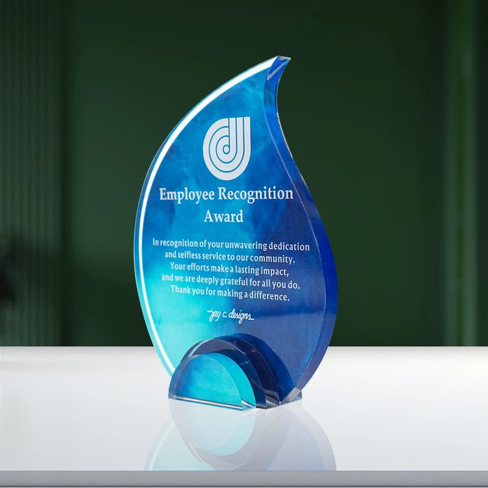 Side view of teardrop-shaped acrylic employee recognition award plaque with engraved message, perfect for honoring employee dedication.