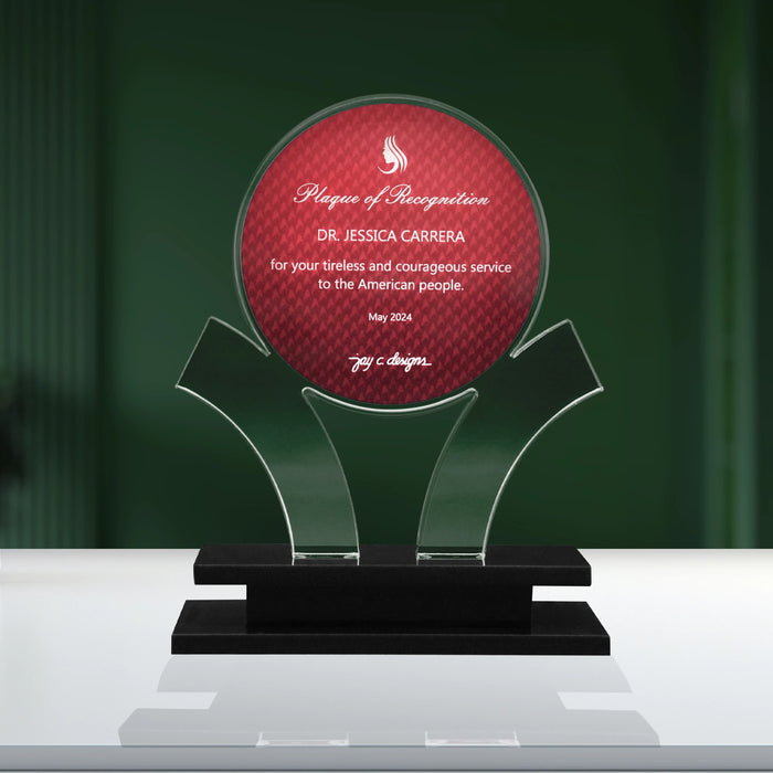 Front view of a custom acrylic sports trophy award with dual curved supports and a black base, designed for sports recognition and achievements.