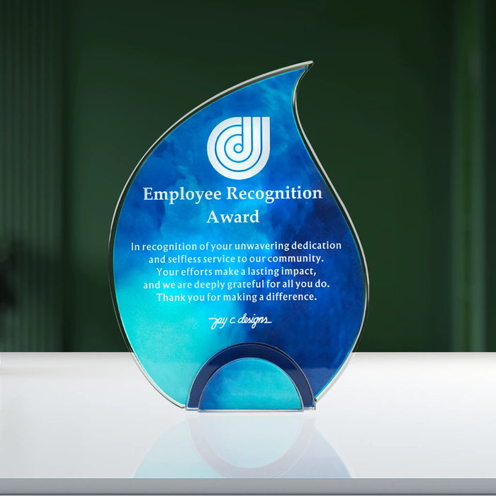 Front view of teardrop-shaped acrylic Employee Recognition Award plaque, ideal for recognizing outstanding service