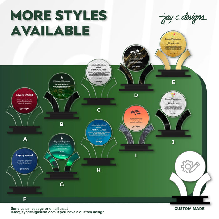 Assorted collection of acrylic sports trophy designs featuring various colors and themes such as Loyalty Award, Leadership Award, and Plaque of Appreciation.