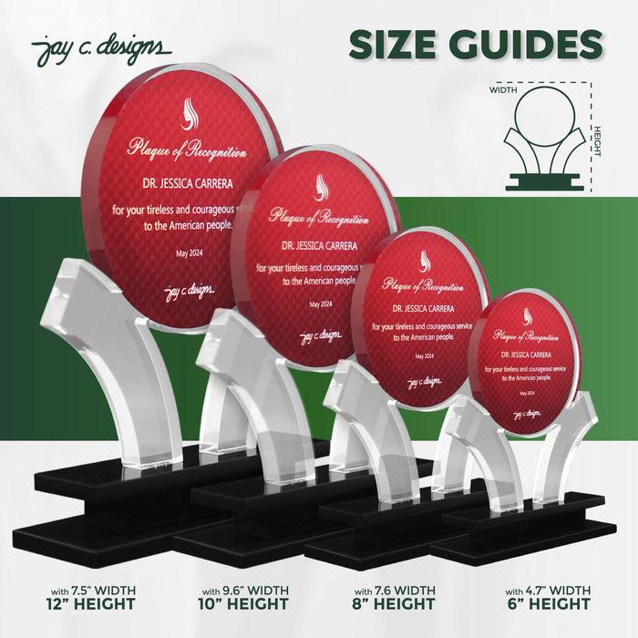 Size comparison of four acrylic sports trophy awards in different heights and widths, mounted on black bases for athletic or corporate recognition.