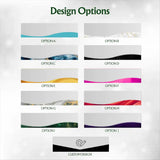 A digital graphic displaying 'Design Options' with ten different wave-patterned banner templates labeled Option A through Option J, plus a 'Custom Design' option at the bottom, set against a light gray bokeh background.