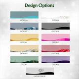 A design options chart titled 'Design Options' showing multiple rectangular color and pattern swatches labeled Option A through Option J, plus a custom design panel at the bottom on a light gray background.