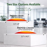 Three clear acrylic nameplates with orange gradient wave designs are shown in different sizes on white display blocks. Text at the top reads 'Two Size Options Available' and the name 'Patricia Lincoln' with the title 'Office Administrator' is printed on each plate.