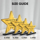 Size comparison of four star plaques in different heights and widths, displayed on black bases.