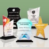 Collection of personalized awards on a reflective surface with a green gradient background