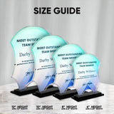 Four acrylic award plaques with black bases shown in different heights under a 'SIZE GUIDE' heading, with text labels for 12-inch, 10-inch, 8-inch, and 6-inch heights and widths.