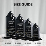 Five black acrylic award plaques of different heights are displayed under a 'SIZE GUIDE' heading, with dimensions listed at the bottom: 12 inch, 10 inch, 8 inch, and 6 inch heights by 7.5, 6.