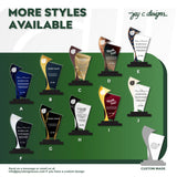 Collection of customizable awards with various designs for trophy model 8016, featuring the brand 'Jay C. Designs'. Custom designs are available
