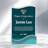 Front view of a wave-shaped acrylic plaque, perfect for employee recognition and corporate awards teal version