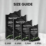 Size guide comparison of four acrylic plaque awards, showing various width and height measurements.
