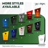 Display of various awards with different designs on a green background, featuring the brand 'Jay C. Designs'.