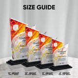 Size guide for Monument Award custom acrylic trophies, showing available height and width options. Made in Houston, Texas, precision laser-cut, UV printed, and customizable for all types of awards. Free shipping on $35+ nationwide.