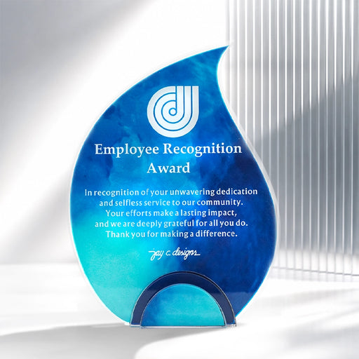 Front view of teardrop-shaped acrylic Employee Recognition Award plaque, ideal for recognizing outstanding service
