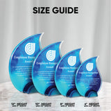 Size comparison of acrylic teardrop-shaped plaques showing various heights and widths.