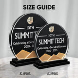 Two round black acrylic award plaques on black bases, labeled 'SIZE GUIDE' with text indicating 8