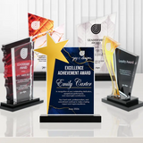 A compilation of acrylic trophy designs with the ascend award at the center