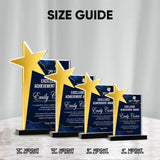 Four acrylic award plaques with gold star tops and navy blue panels are shown under a 'SIZE GUIDE' heading, with height labels at the bottom for 12 in, 10 in, 8 in, and 6 in.