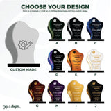 Custom acrylic award trophy design graphic showing a gray blank trophy outline labeled 'CUSTOM MADE' alongside ten colored trophy options labeled A through J with text reading 'LEADERSHIP AWARD' and 'Cheri Smith.'.