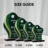 Four green and gold acrylic award plaques with black bases shown in a size guide layout with text indicating heights and widths from 6 inches to 12 inches.