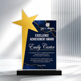 Ascend award trophy featuring a large gold star overlapping a dark navy blue panel with gold marble veining, personalized with the name 'Emily Carter' and text for an 'Excellence Achievement Award' by 'Jay C. Designs'.