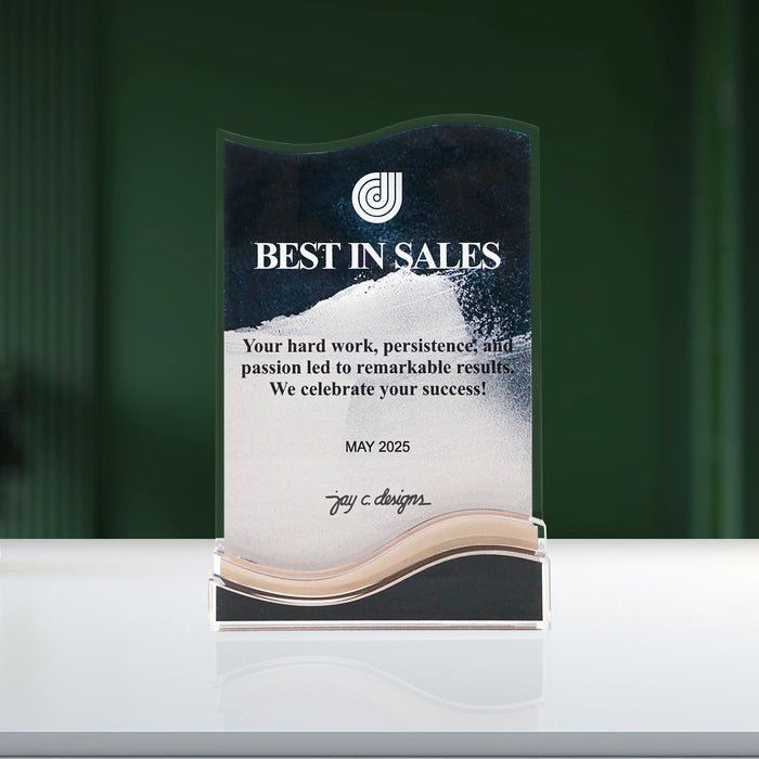 Front view of a wave-shaped acrylic plaque, perfect for employee recognition and corporate awards.
