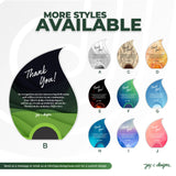 Collection of teardrop-shaped acrylic plaques in various colors and styles for thank you, loyalty, and appreciation awards.

