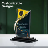 Monument Award sample plaque with gold and black acrylic layers, showcasing customizable design. Made in Houston, Texas, for corporate, sports, and school awards. UV printed and laser cut with free nationwide shipping on $35+ orders.