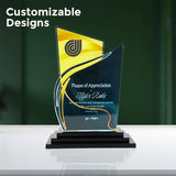 Monument Trophy sample plaque with modern yellow and black design, made in Houston Texas. Custom acrylic award perfect for employee appreciation, competitions, and team recognition. Free nationwide shipping for orders $35+.