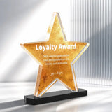 Side view of an acrylic star-shaped plaque with a black base, ideal for employee recognition or appreciation. 