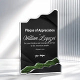 Front view of an acrylic plaque with wavy edge and green accent, showing a customized Plaque of Recognition