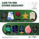 Assorted designs of custom-made acrylic trophies and plaques, including stars, waves, shields, and teardrop shapes for different recognition events.
